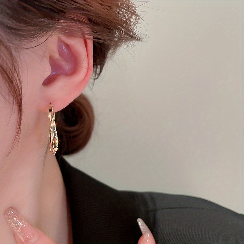 Sparkling Zircon Decor Twist Hoop Earrings Luxury Japanese