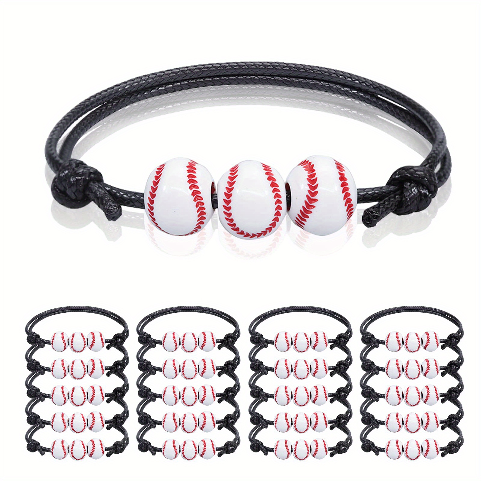 20pcs Baseball Beads Red White Adjustable Inspirational Baseball Sport  Gifts Bracelet For Teen Team