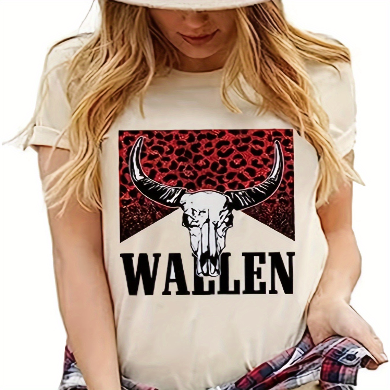 Cattle Print Western T-shirt, Crew Neck Short Sleeve Casual Top For All Season, Women's Clothing