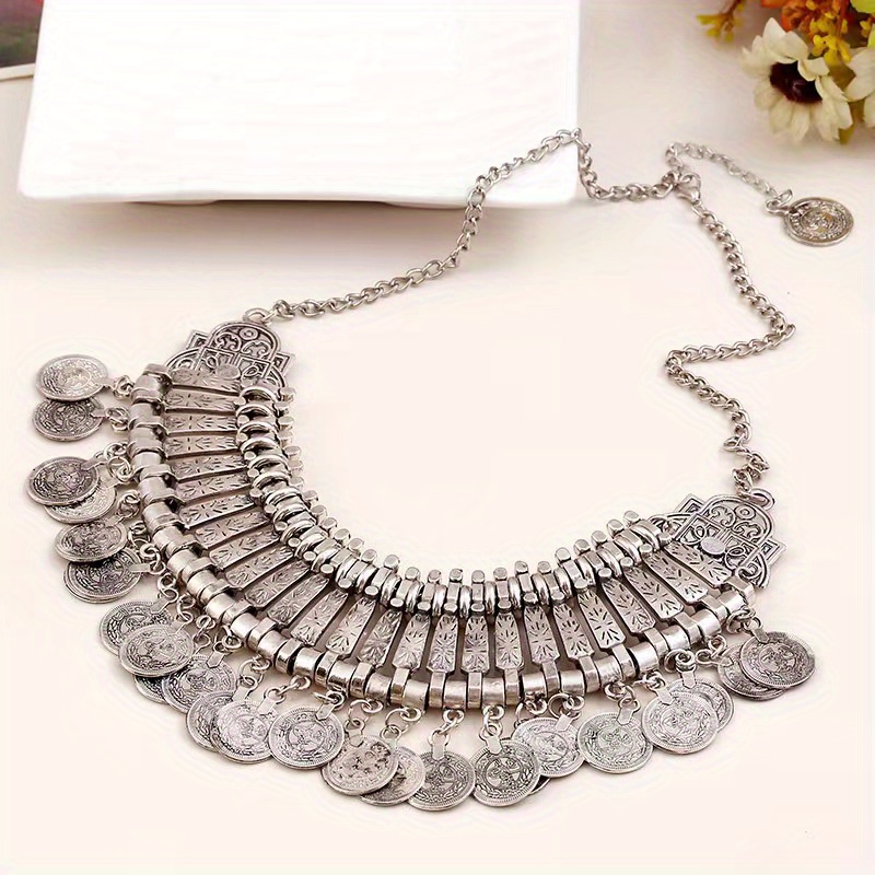 Exaggerated Multi layer Coin Necklace Metal Carving Tassel - Temu