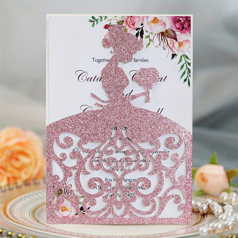 10pcs Glitter Paper Invitation Cards Laser Cut Girl Quinceanera Princess  Wedding Invitations Greeting Card for Christian * * Birthdays Weddin