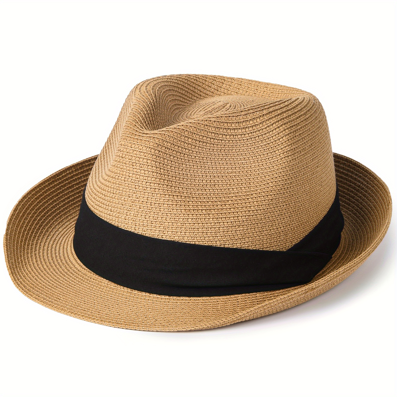 Beige Mature Foldable Hat, Men's Up Short Brim Panama Beach Fedora Straw Hat For Men