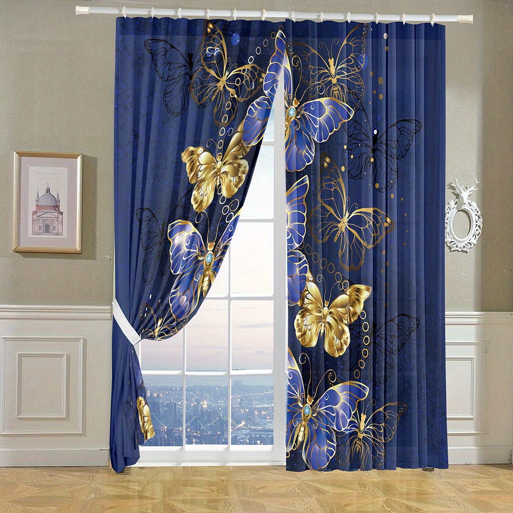 Golden Blue Butterfly Curtain Elegant Polyester Panels - Temu