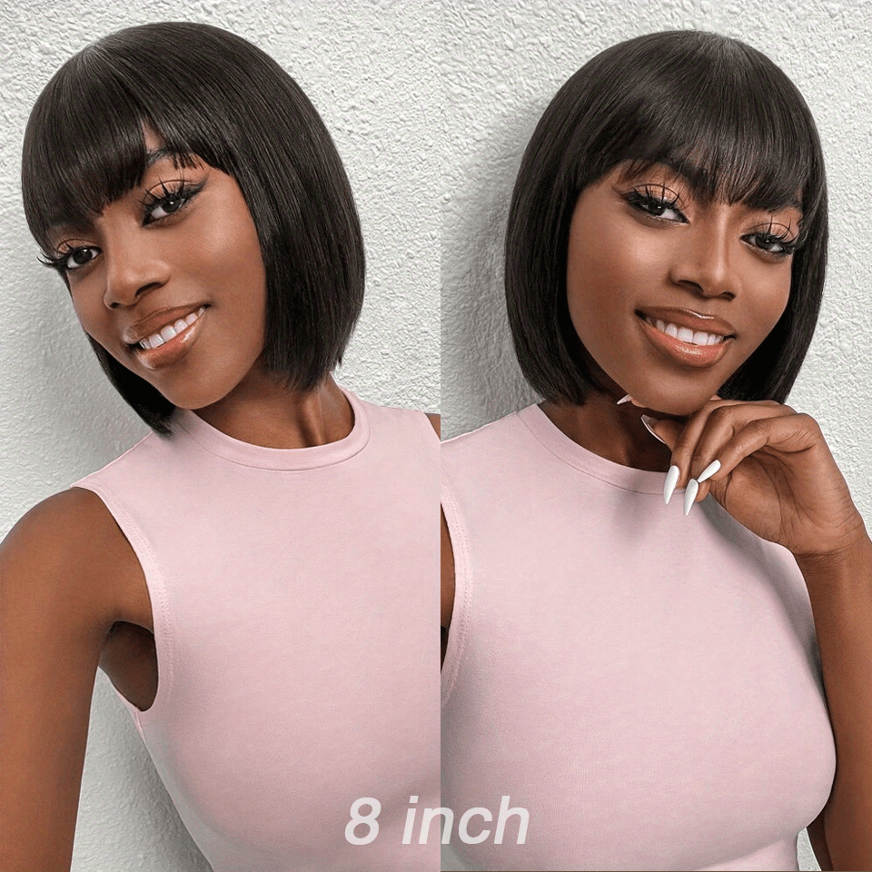 Short Bob Lace Front Wigs With Bangs Machine Made Bob Wigs Pre Plucked Remy Lace Frontal Human Hair Wig 150 Density