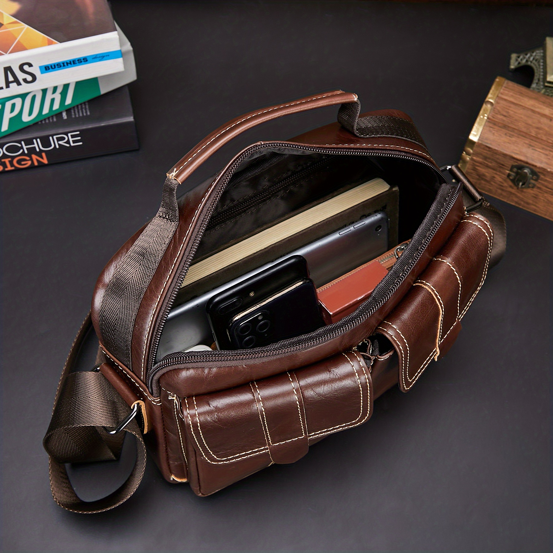 Men's Genuine Leather Shoulder Bag Vertical Business Casual Temu