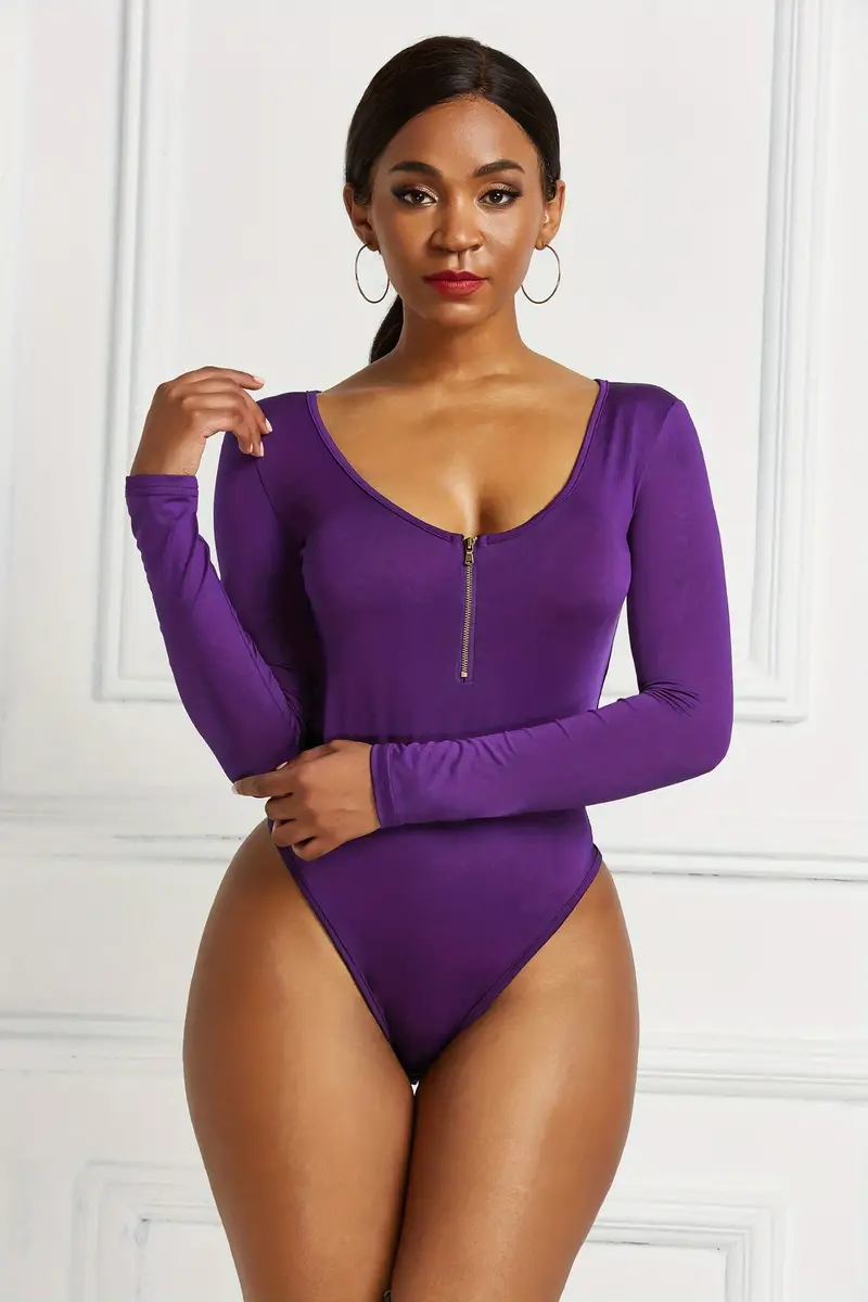 Buy Womens Sexy Long Sleeve Scoop Neck Zip Up Front Shapewear Bodysuit  Rompers, Purple, Large at
