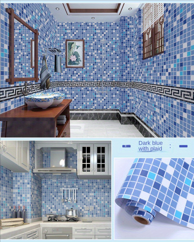  Papel de contacto autoadhesivo para baño, papel tapiz barato,  papel tapiz de vinilo para muebles, papel de pared, mosaico azul, 23.6 x  196.9 in : Herramientas y Mejoras del Hogar