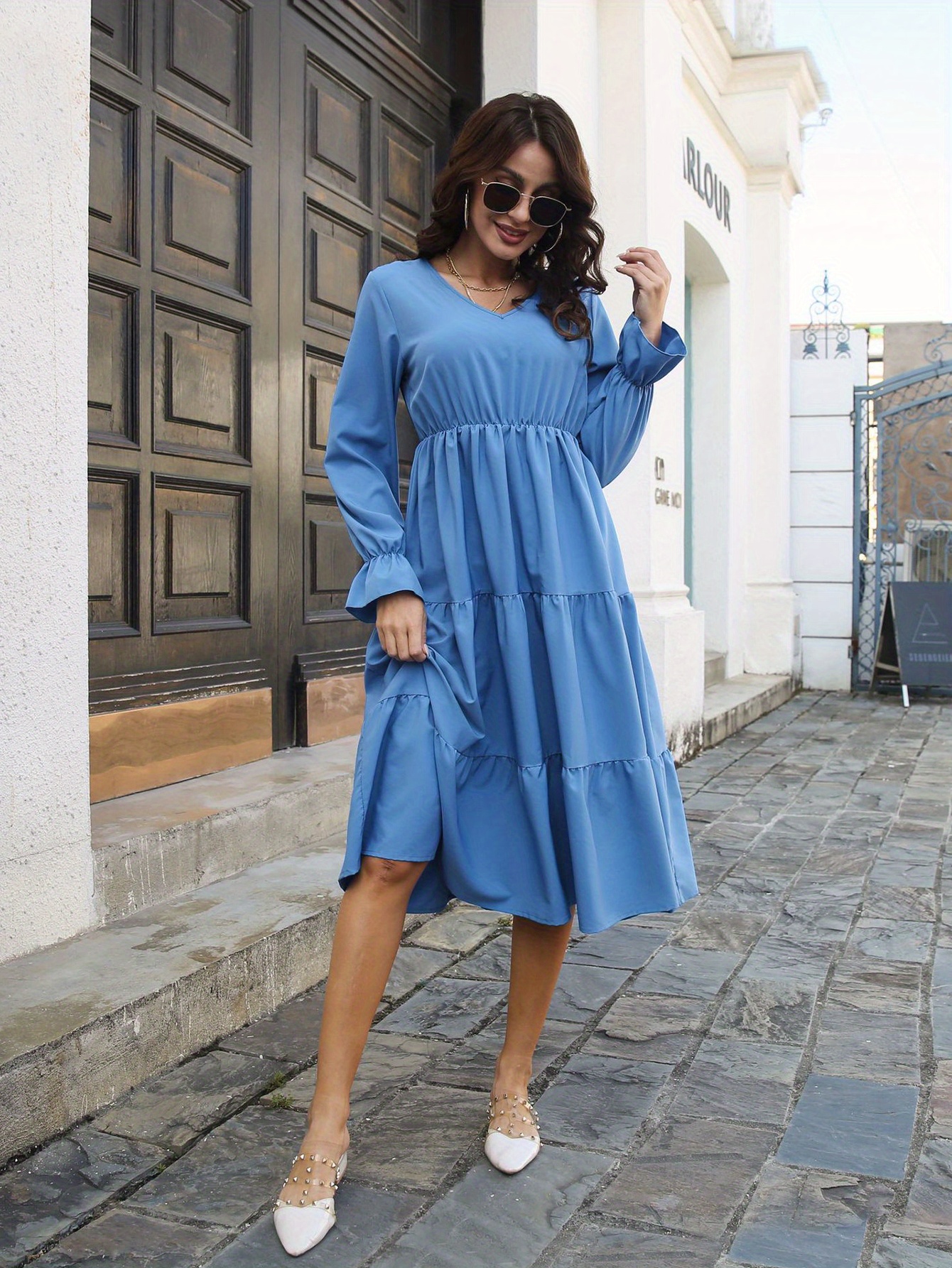 solid v neck layered flared sleeve dress party elegant - Temu