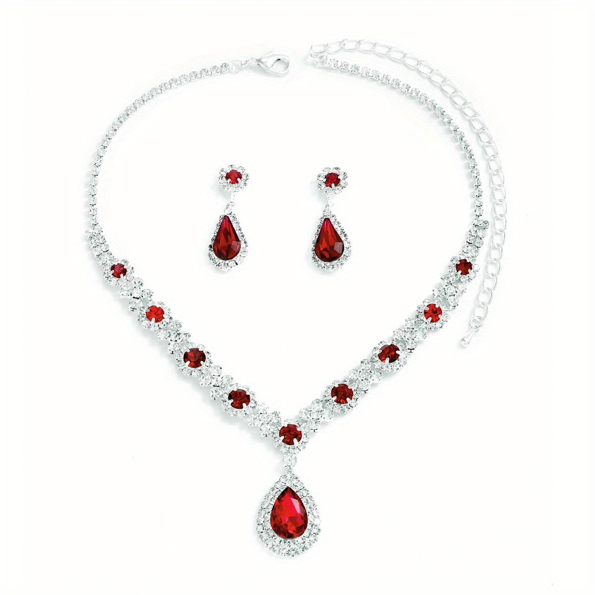 wedding bridal jewelry set with pendant necklace dangle earrings inlaid synthetic gems shiny jewelry set silver red 9