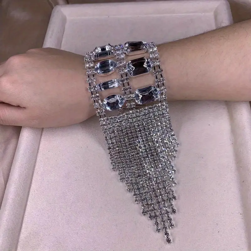 gorgeous rhinestone long fringed hand bracelet wristband wedding jewelry for women details 3