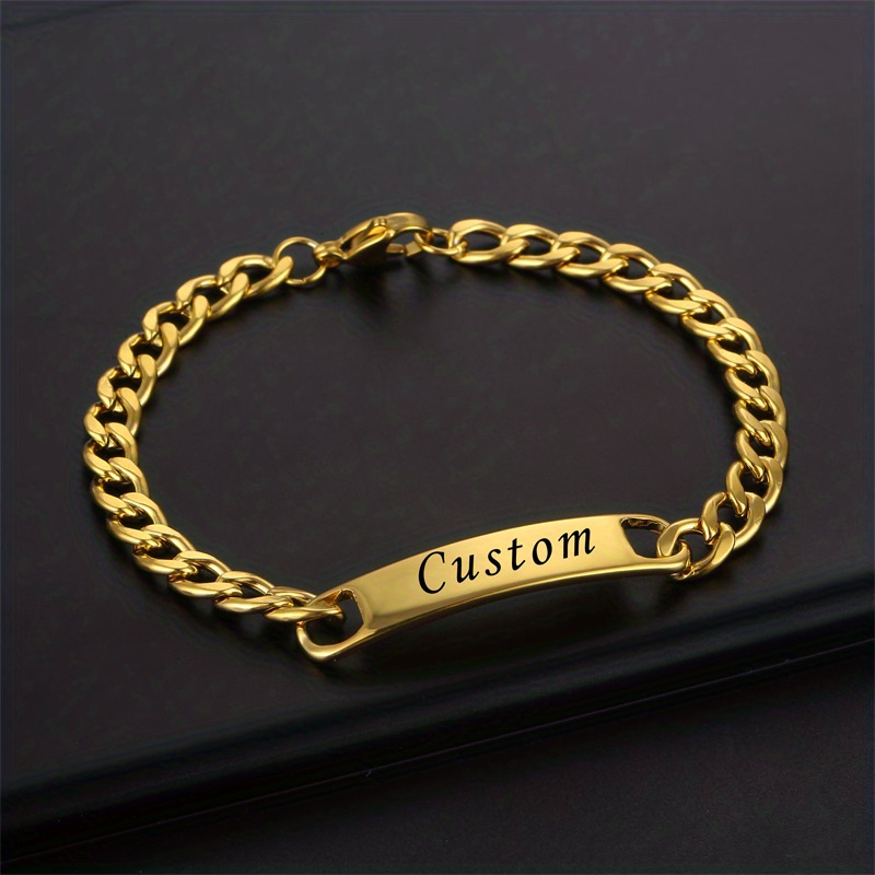 mens bracelet stainless steel simple lettering smooth curved bracelet 12mm cuban chain retro bracelet details 0