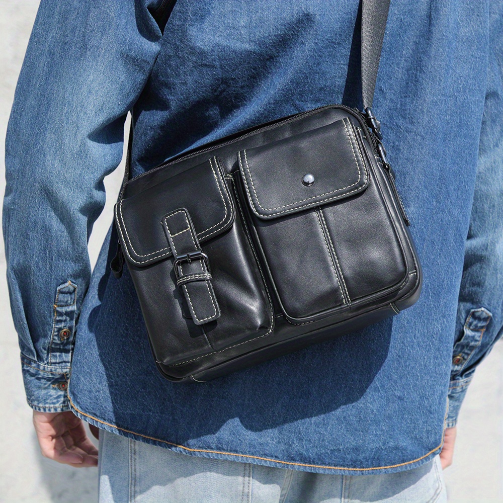Mens Genuine Leather Shoulder Bag Vertical Business Casual Bag Save
