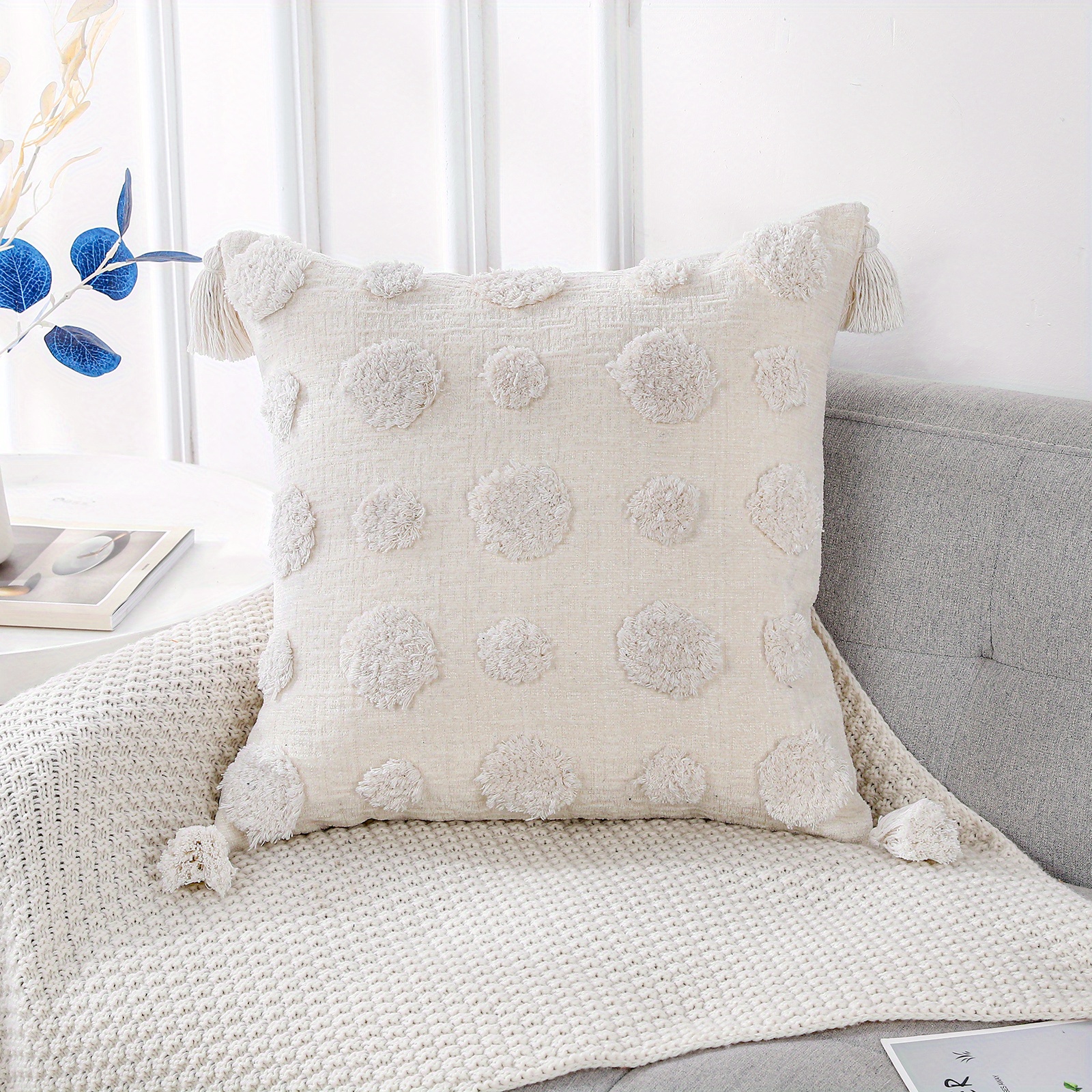 Chenille Pom Pom Tufted Decorative Lumbar Throw Pillow - Temu