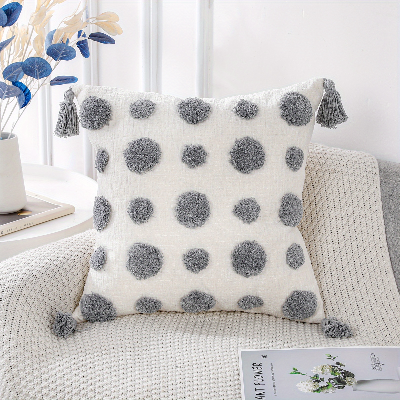 Trinity Boho Donut Tufted Chenille Decorative Throw Pillow Covers, Grey, 18  x 18 Inches