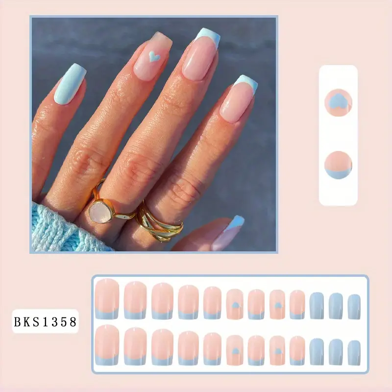 24pcs Glossy French Tip Press On Nails with Blue Heart and Edge Design - Medium Square * Nails for Women and Girls - Full Cover False Nails for a C
