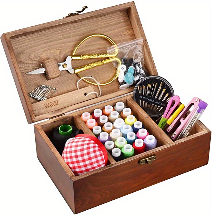Joyzan Wooden Sewing Repair Tool, Multifunction Sewing Box Sewing Box  Compartments Beginner Handmade Stitching Art Kit Thread Spools Storage for