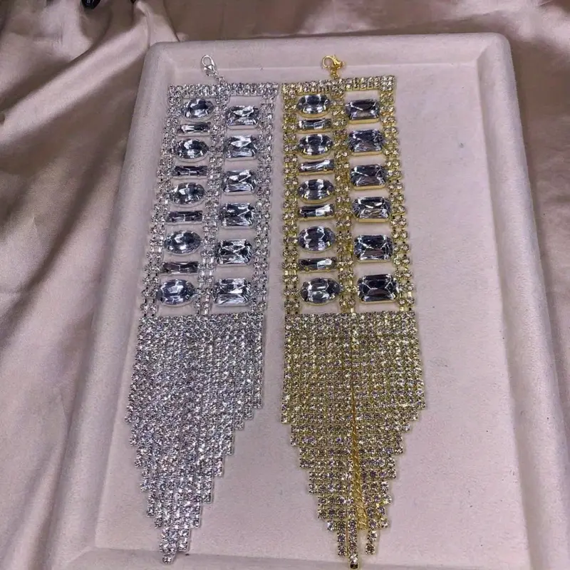 gorgeous rhinestone long fringed hand bracelet wristband wedding jewelry for women details 4