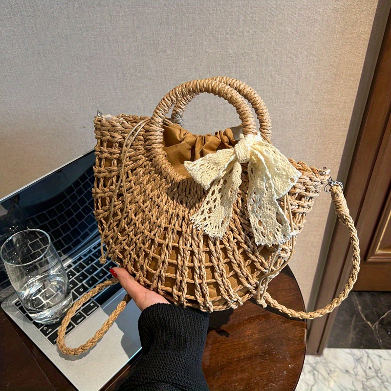 Bow Decor Straw Bag, Summer Beach Handbag, Women's Rattan Woven