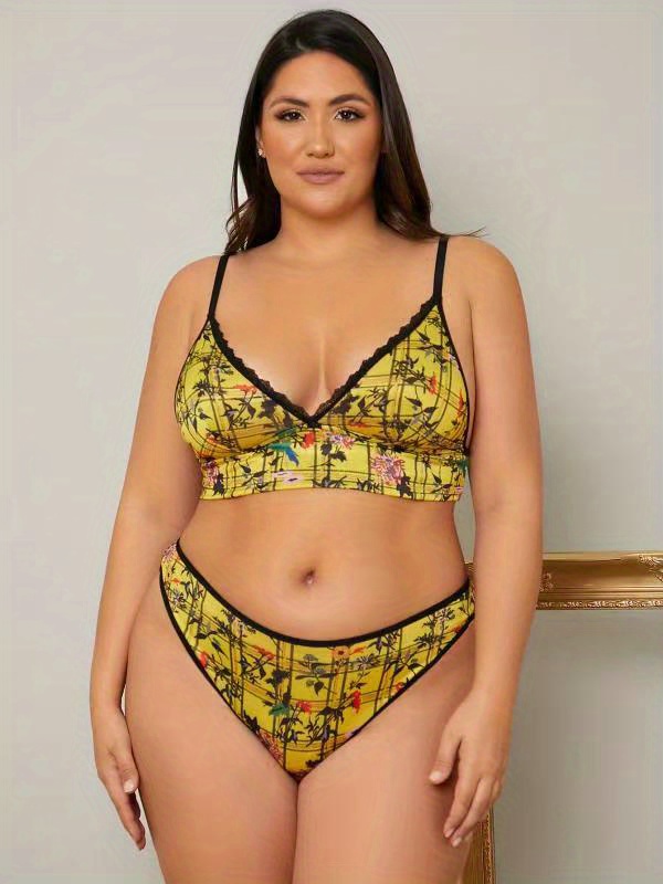 Plus Size Sexy Lingerie Set Womens Plus Floral Print Lace Trim Soft Bralette And Panty Temu 9417