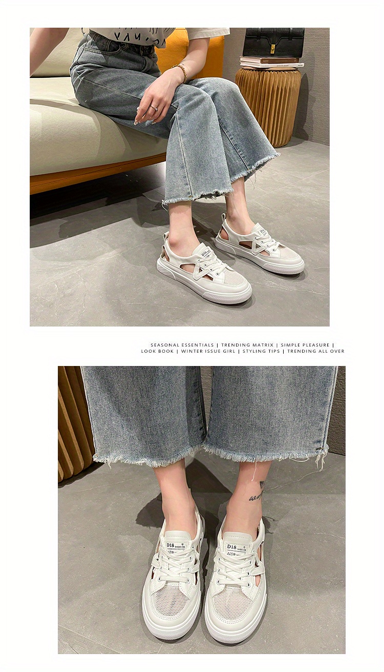 women's mesh cut skate shoes fashion round toe lace low top