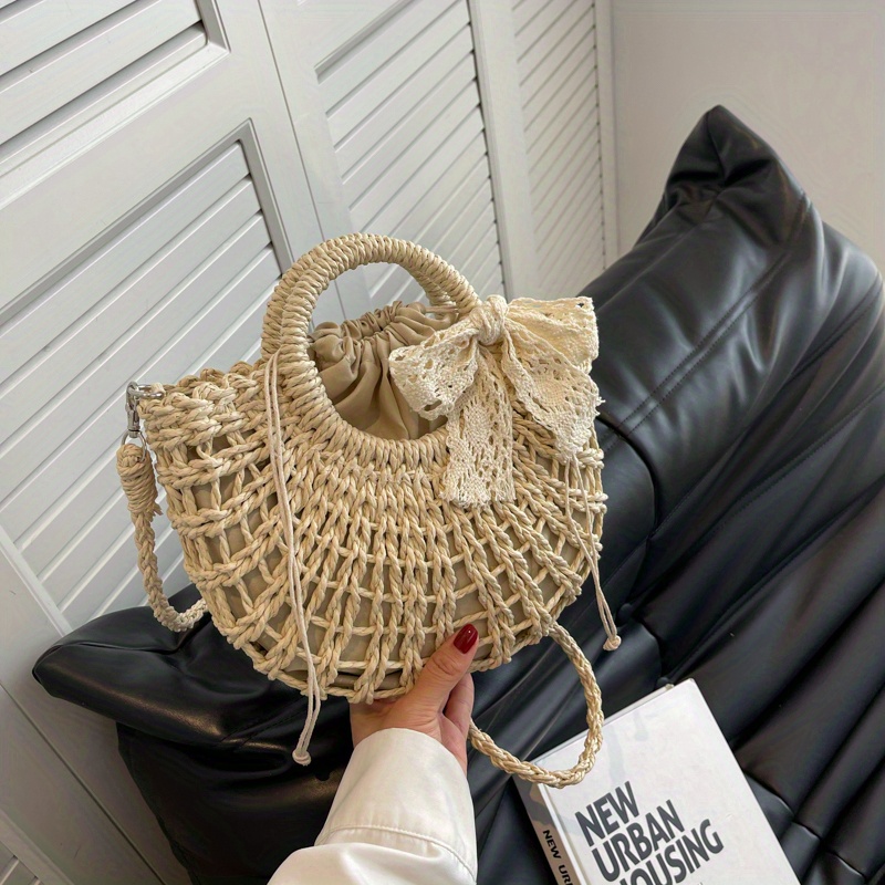 Bow Decor Straw Bag, Summer Beach Handbag, Women's Rattan Woven