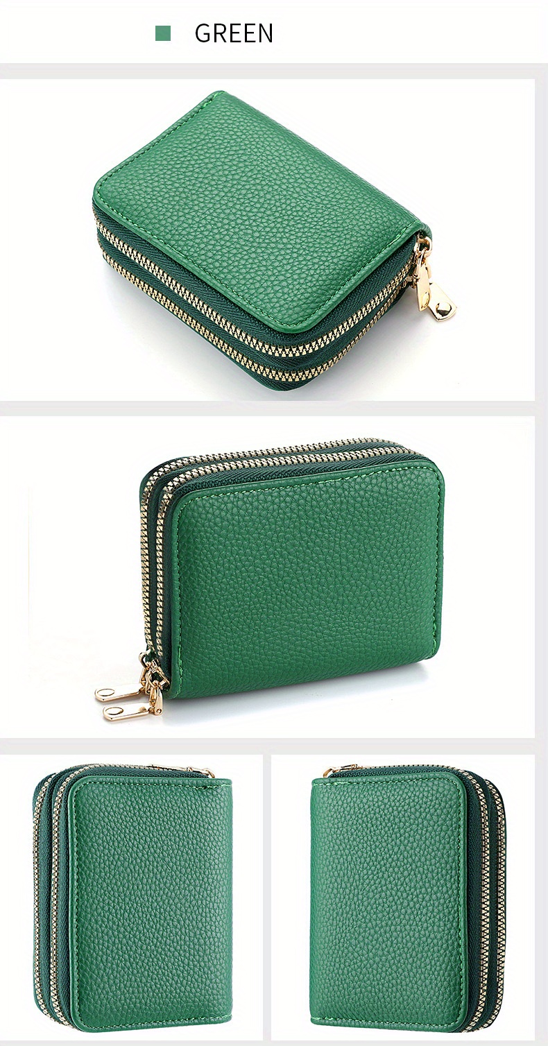 Mini Women Double Zipper Solid Color Card Holder Rfid Faux Temu 3287