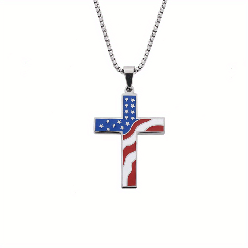 Image of 1pc Patriotic American Flag Cross Pendant Necklace, Simple Alloy Religious Jewelry, Suitable For Daily Wear, Day Accessories, Suitable For