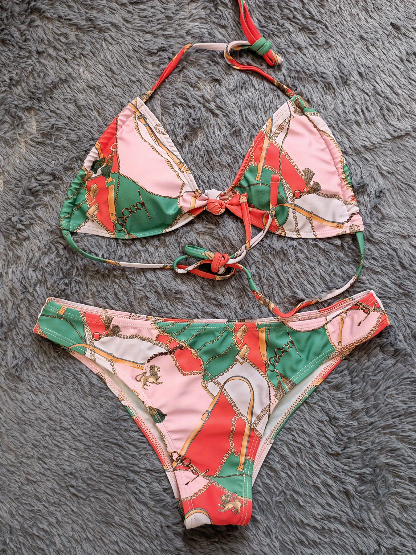 Halter Neck Bikini Sets, Colorblock Tie Back Hig Cut Cover Up Skirt