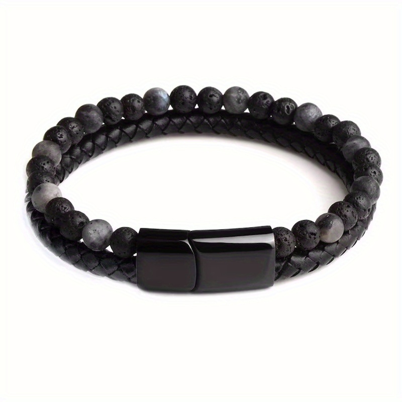 Double Layer Leather Braided Bracelet, Natural Tiger Eye Stone