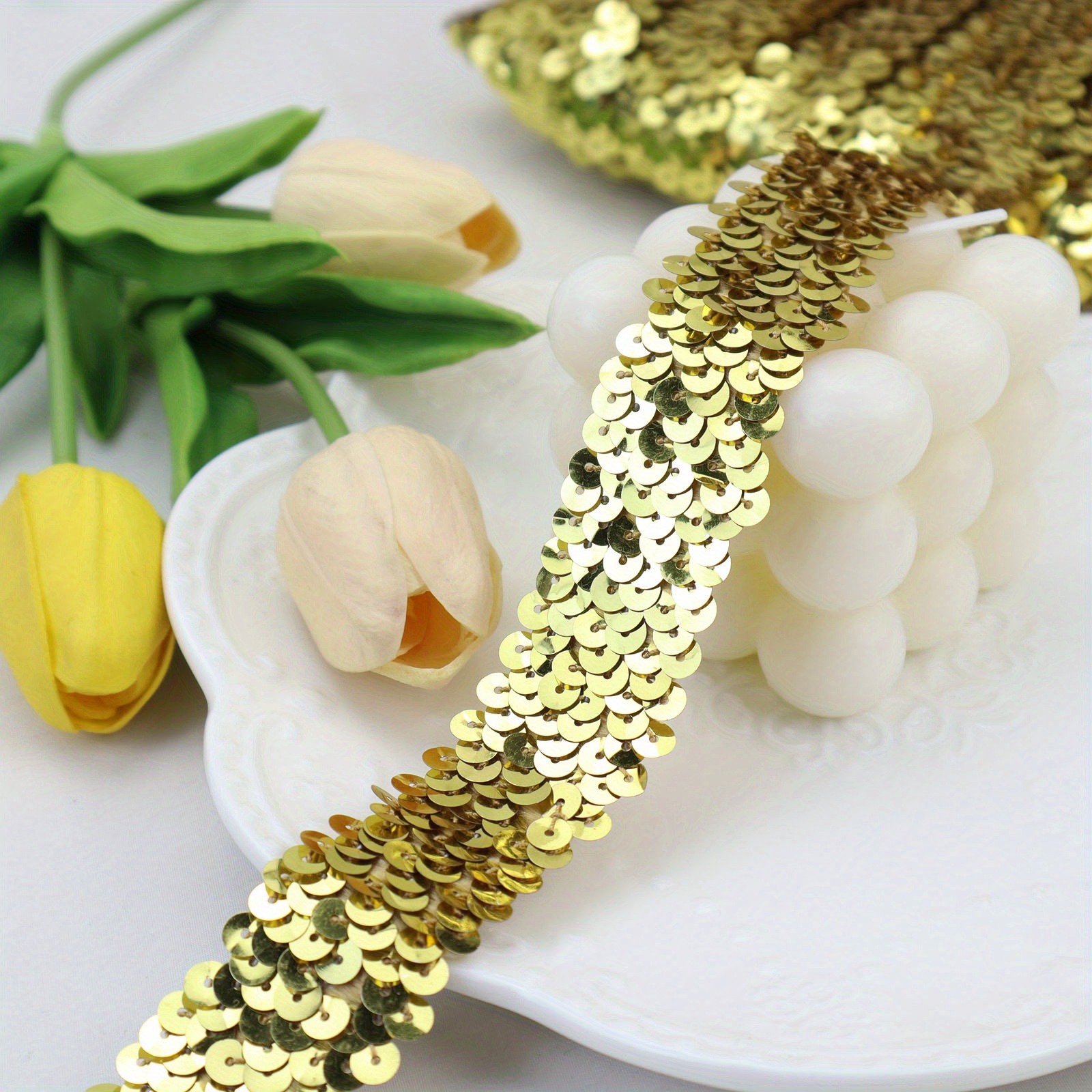 YOOGCORETT 2 Yards Yellow Elastic Sequin Ribbon Trim Glitter Metallic  Stretch Flat Sequin Ribbon Lace for Sewing, Dress Costume, Wedding Party