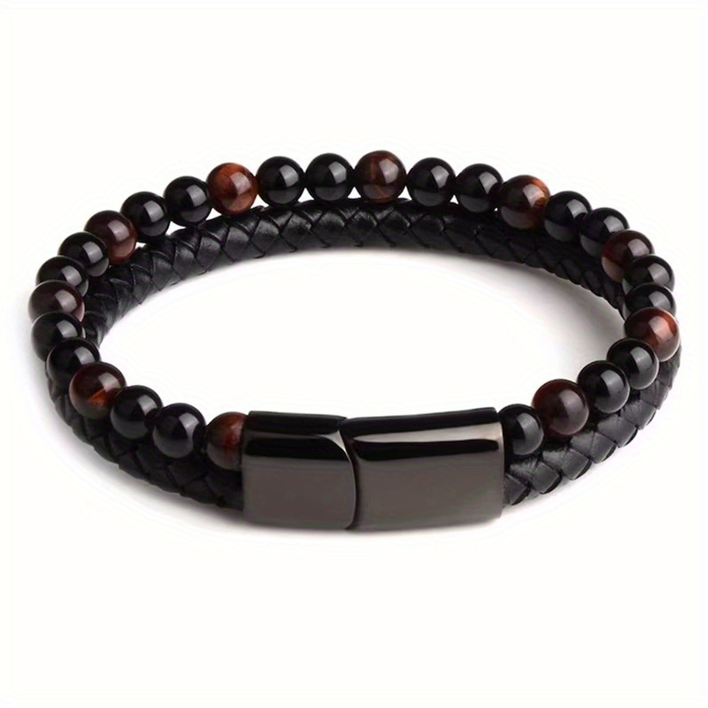 Double Layer Leather Braided Bracelet, Natural Tiger Eye Stone