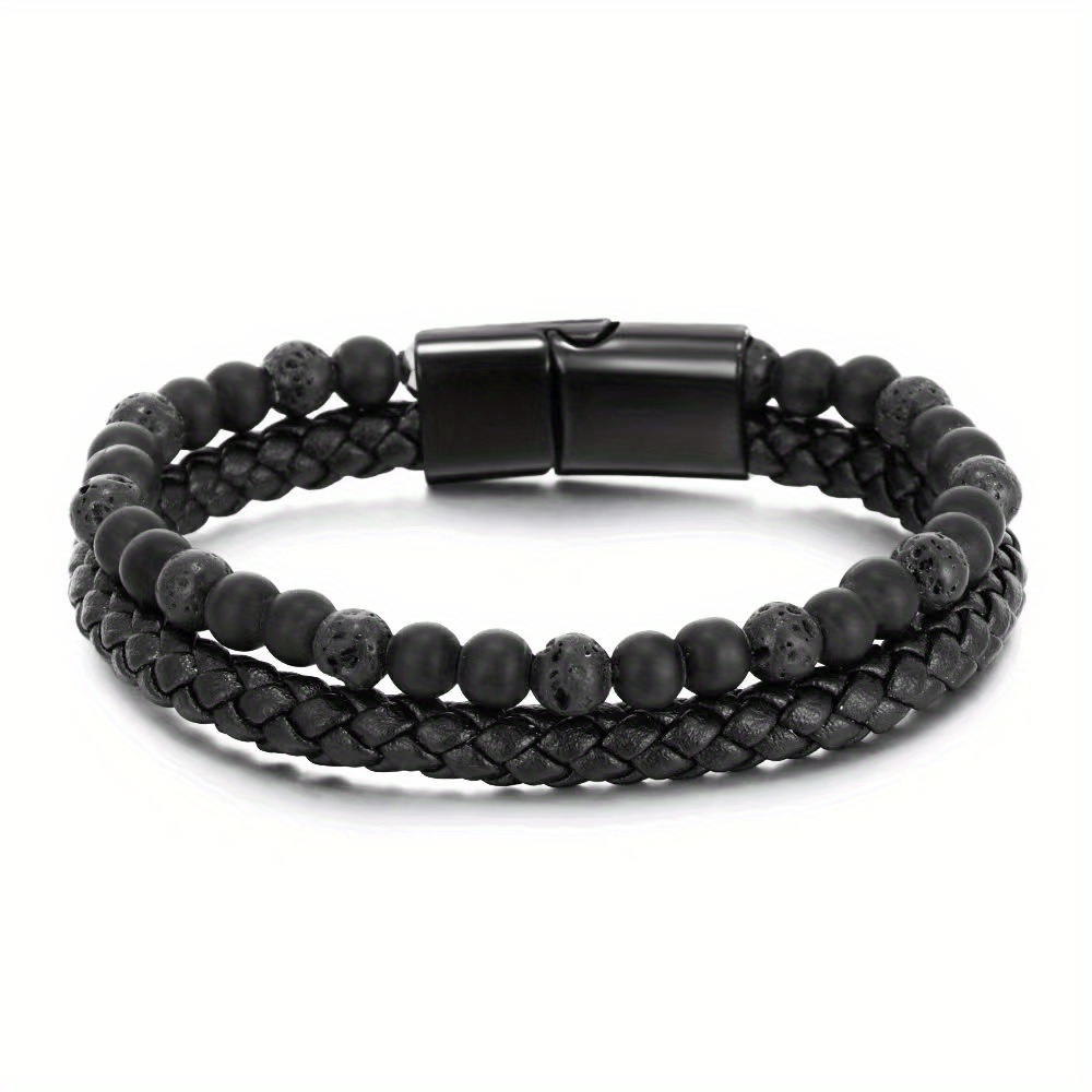 Double Layer Leather Braided Bracelet, Natural Tiger Eye Stone