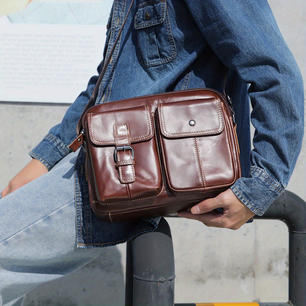 Mens Genuine Leather Shoulder Bag Vertical Business Casual Bag Save