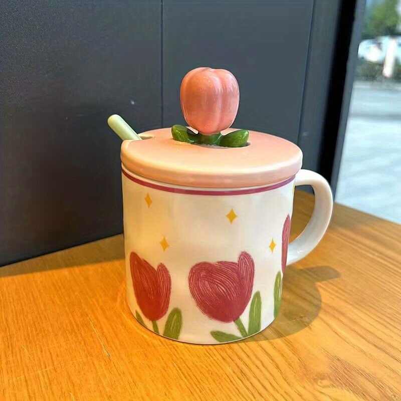 350ml Cute Tulip Water Cup Girl Heart Student Gift Ceramic Cups with Lid  Spoon Office Mug High Appearanc Level To Go Coffee Cup