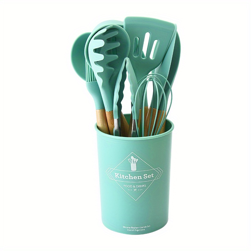 Wooden Handle Silicone Kitchenware Set Cooking Shovel Spoon Set Storage  Bucket Kitchen Utensils - Temu