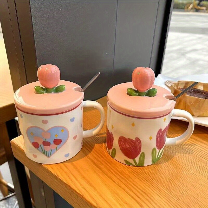 Tulip Ceramic Mug With Lid Spoon Straw Floral Cute Water Cup - Temu