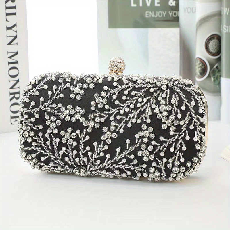 Floral Beaded Clutch Box Purse Chain Handbag for Wedding Prom