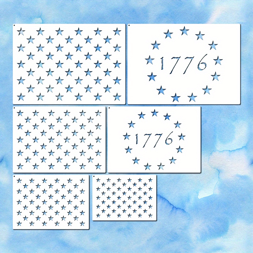 6pcs bandiera americana 50 stencil a stella e 13 modelli di stelle 1776,  modelli di bandiera americana con anello aperto in metallo, modello di  stencil in plastica grande di 4 dimensioni per dipingere su legno, tessuto,  carta, aerografo, decorazioni artistiche