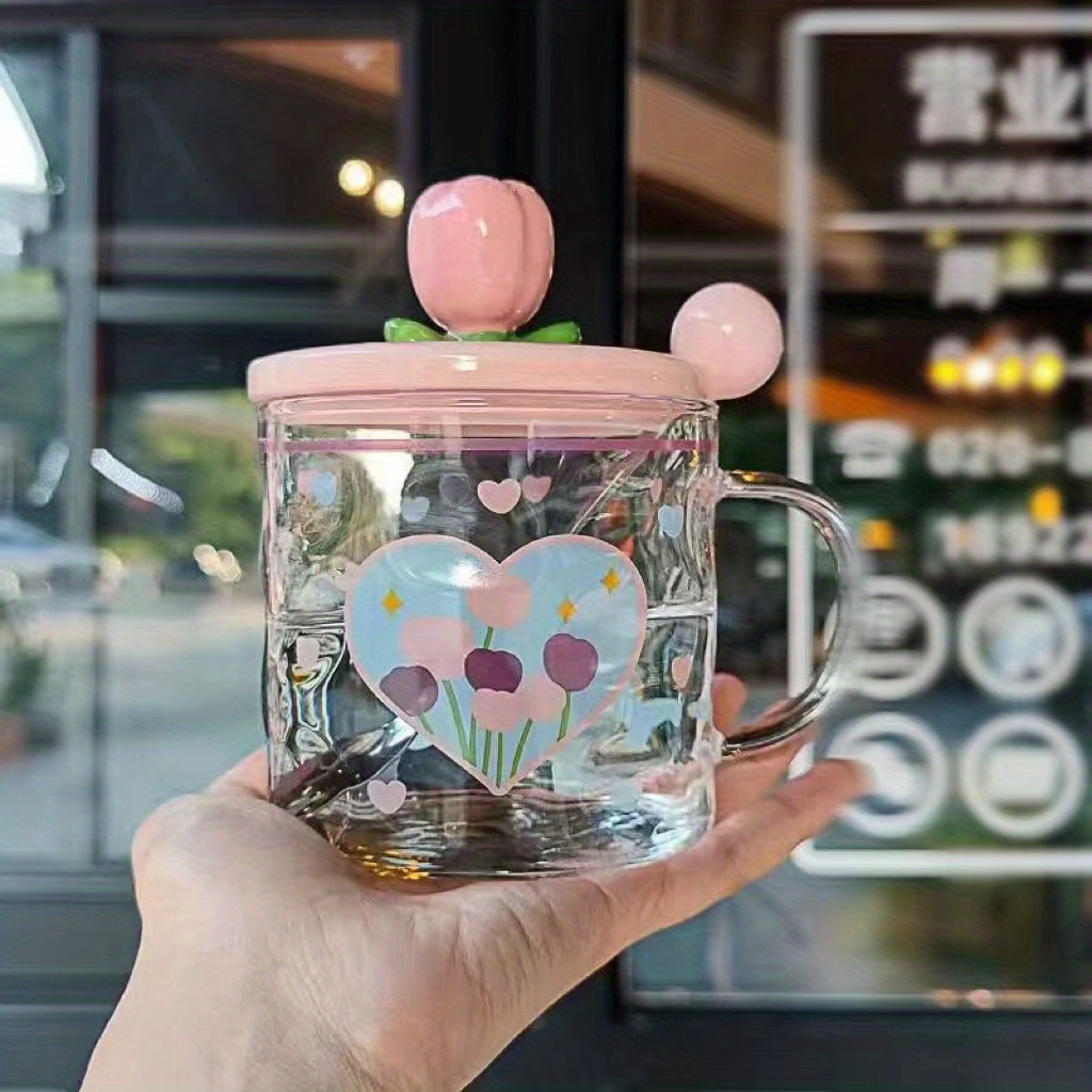 Tulip Ceramic Mug With Lid Spoon Straw Floral Cute Water Cup - Temu