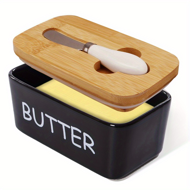 Plat à beurre en porcelaine, boîte à beurre avec couvercle en bambou et  couteau à beurre, récipient à beurre