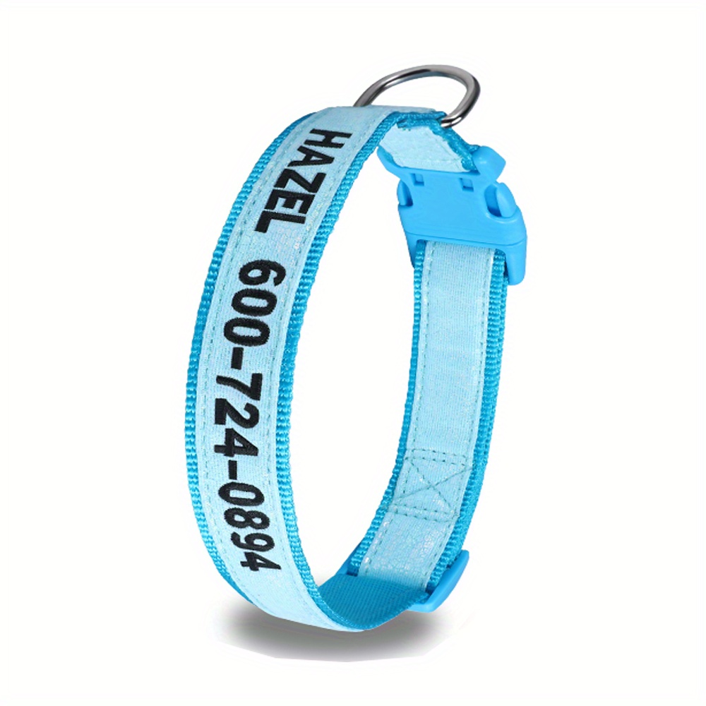 TEMU Personalized Glowing Luminous Dog Collar - Custom Embroidered Name & Phone Number, Durable Nylon Striped Id Collar With Reflective Safety Design