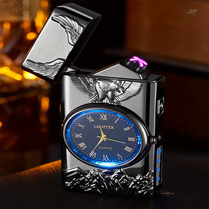 1pc double arc lighter embossed eagle cool real dial led lighting charging igniter details 8