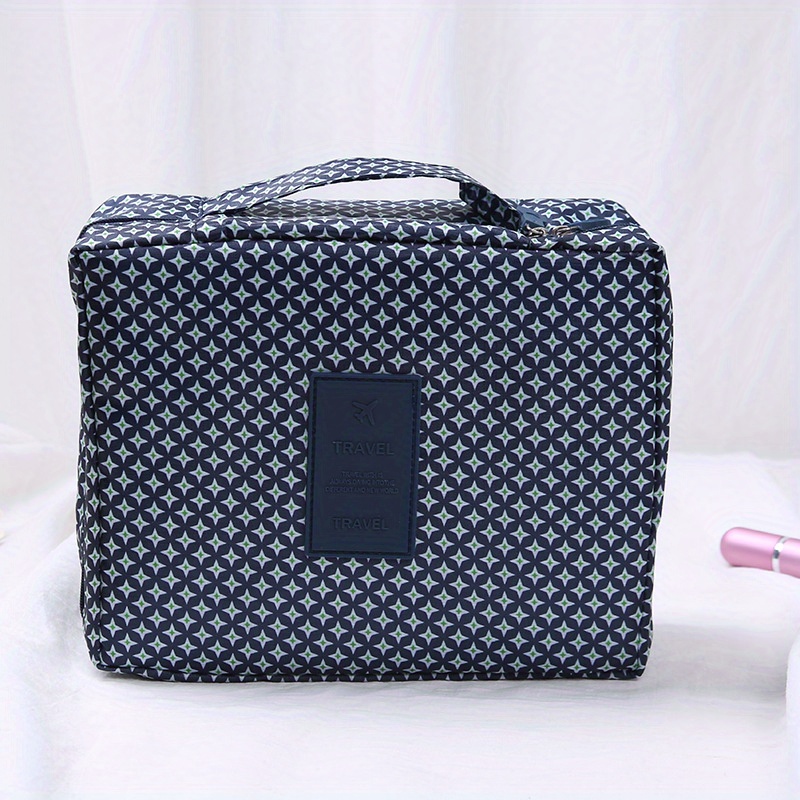 Travel Makeup Bag, Black/Blue Checker Cosmetic Bag, Large Capacity