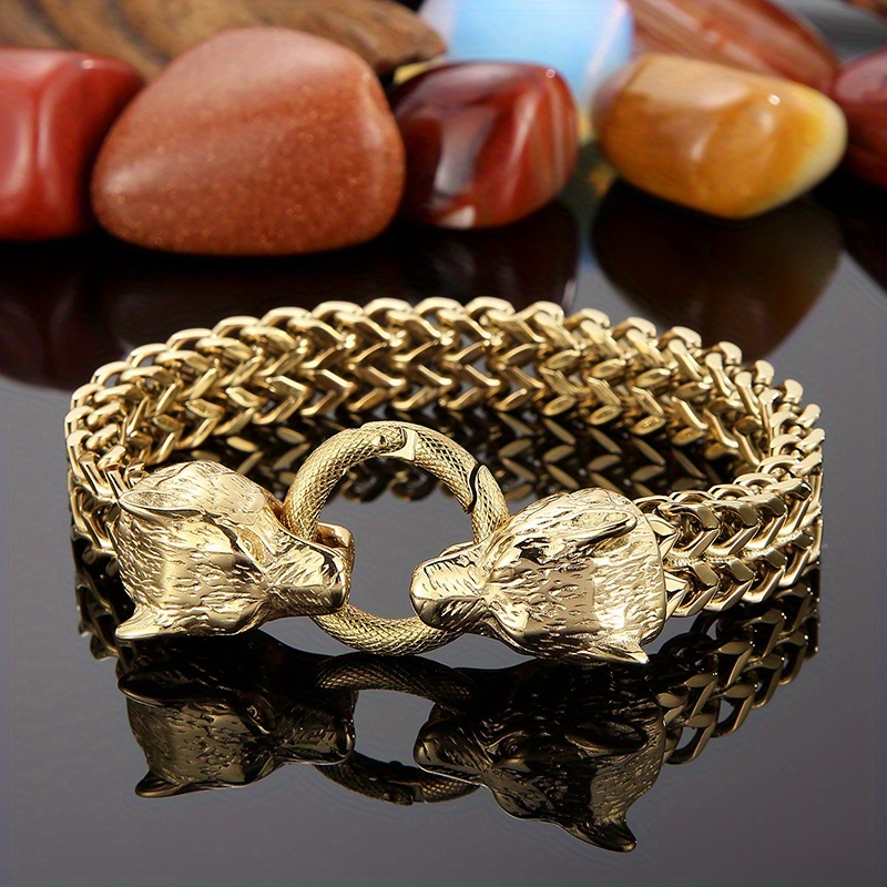 Stainless Steel Bracelet With Circle And Wolf Head For Men - Temu