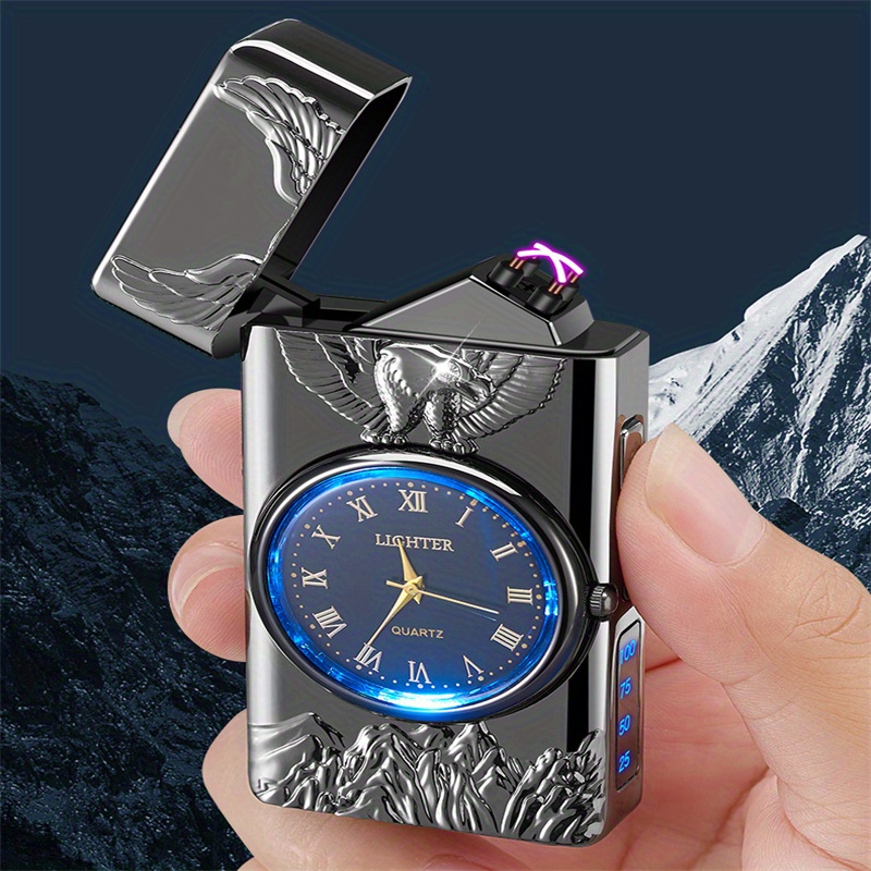 1pc double arc lighter embossed eagle cool real dial led lighting charging igniter details 9