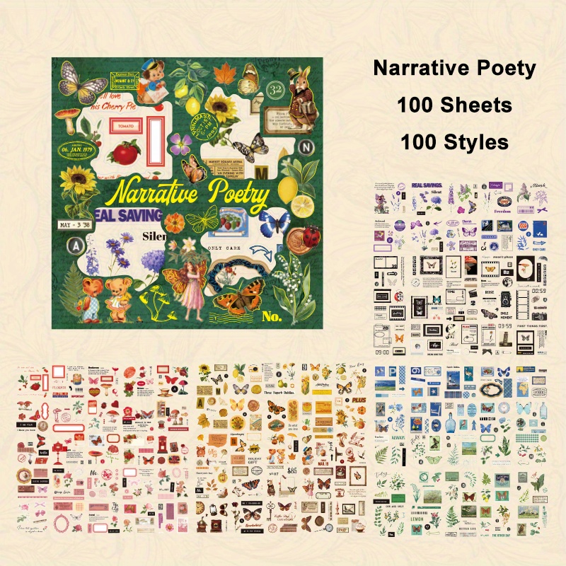 100 Sheets Vintage Decorative Stickers Cute Stickers Retro Plants Animals Stickers Pet Stickers For Scrapbooking Journaling Notebook Planner