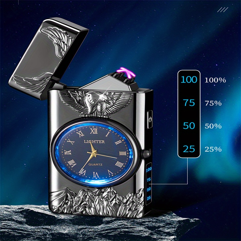 1pc double arc lighter embossed eagle cool real dial led lighting charging igniter details 6