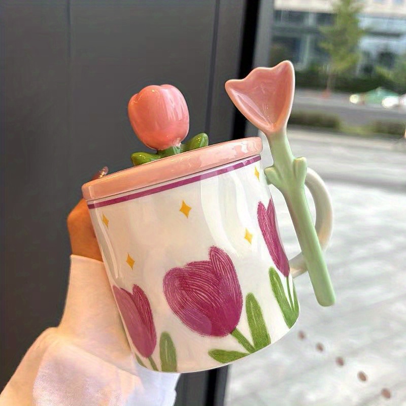 Cute Embossed Strawberry Ceramic Cup With Lid Spoon Water - Temu