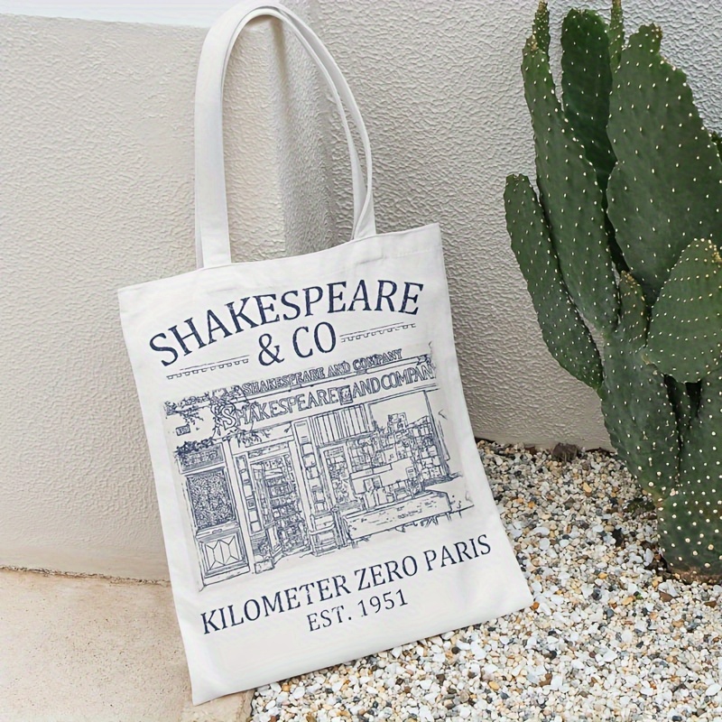 Shakespeare and Company Canvas Shoulder Bag Simple File Shopping Handbag  Print Folding Grocery Shopping Handbag-Blue 
