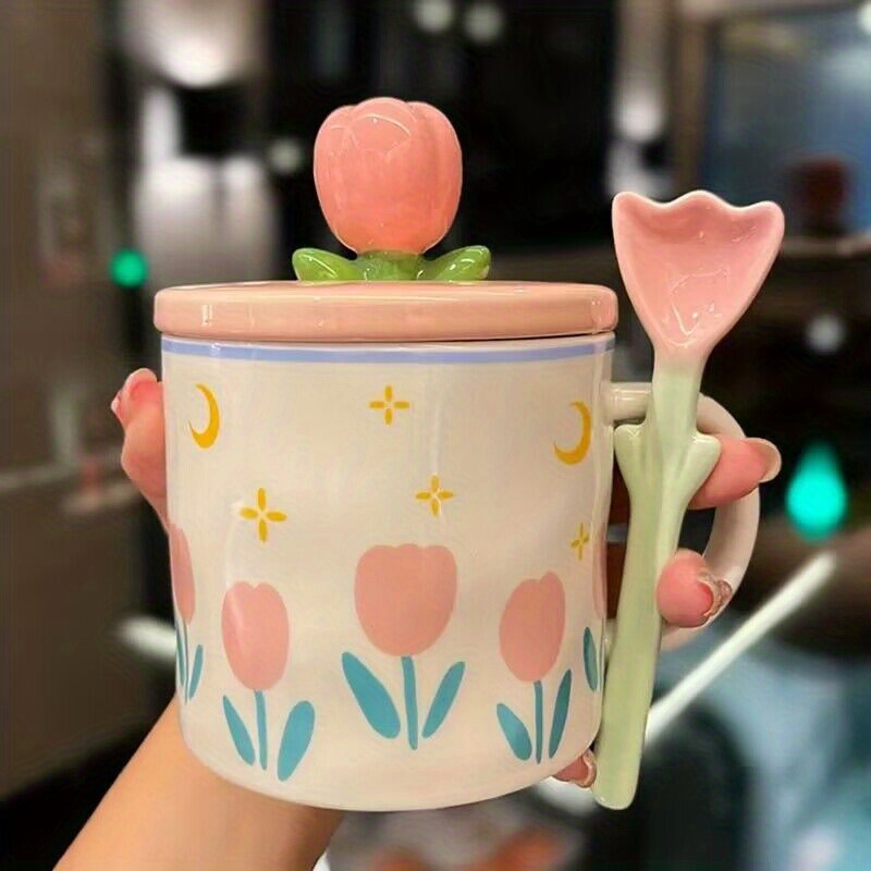 350ml Cute Tulip Water Cup Girl Heart Student Gift Ceramic Cups with Lid  Spoon Office Mug High Appearanc Level To Go Coffee Cup